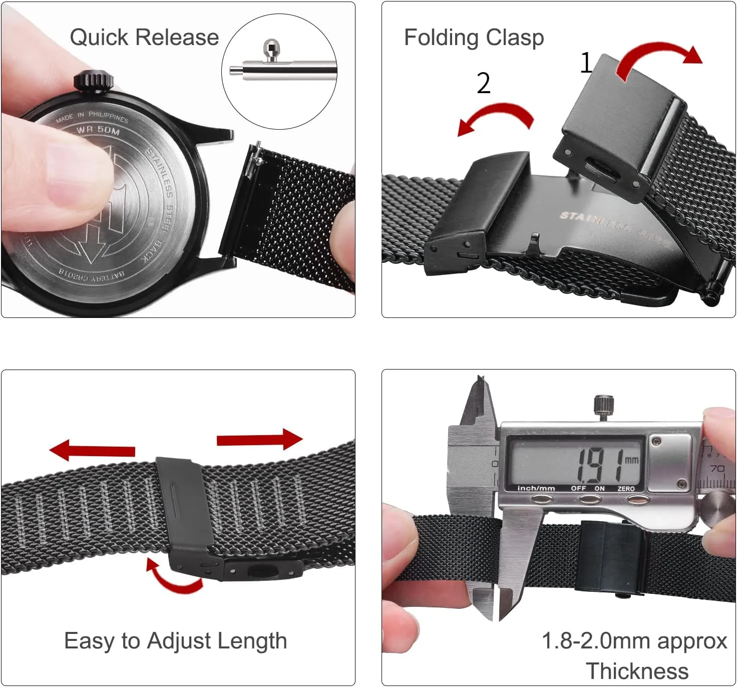 EACHE Stainless Steel Mesh Watch Band for Men Women, Quick Release Mesh Watch Straps 12mm 14mm 16mm 18mm 20mm 22mm