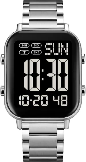 FANMIS Classic Unisex Digital Sports Watch Women's Men's Multifunctional Watch Stainless Steel Band Square Big Numbers Dial Waterproof Electronic Led Watch