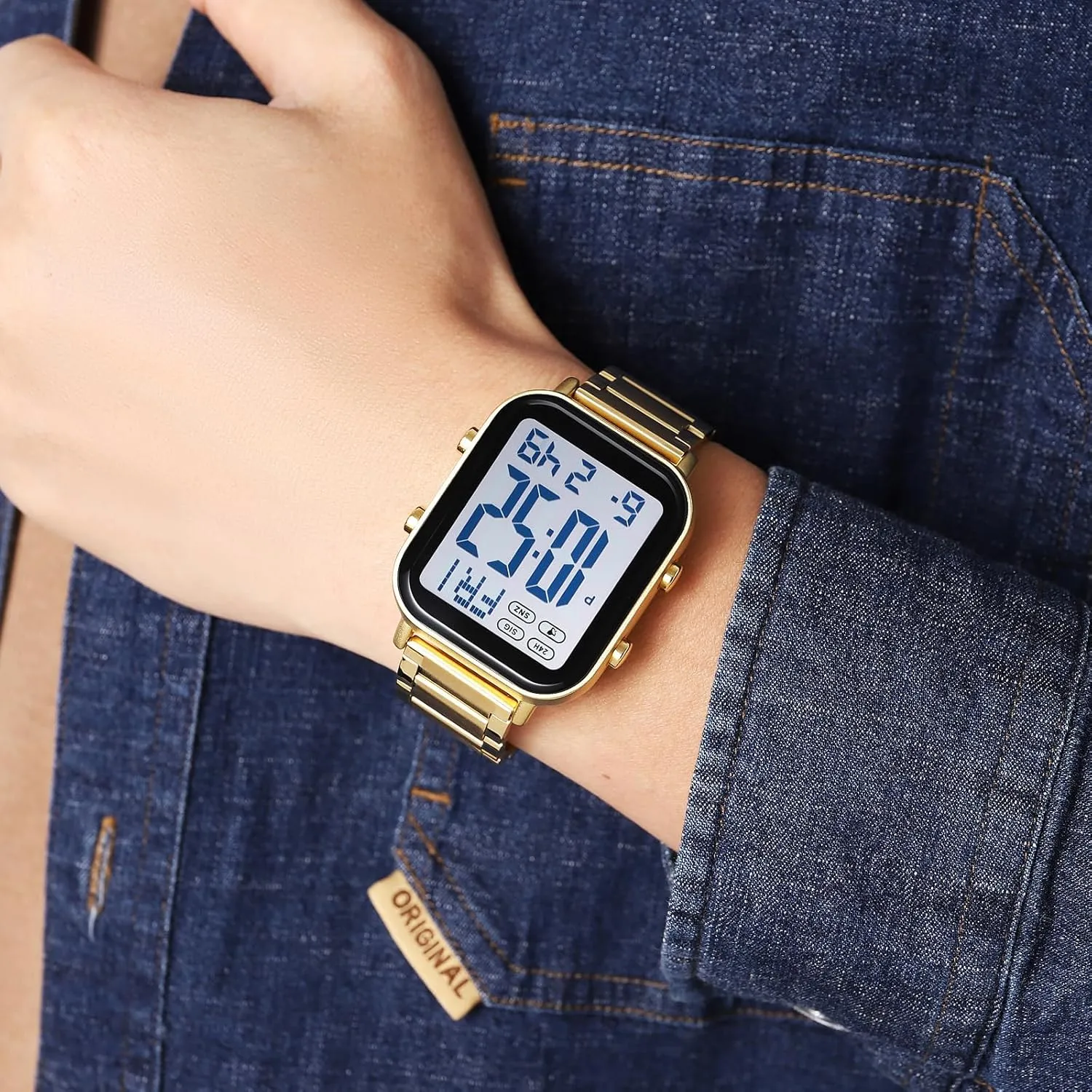 FANMIS Classic Unisex Digital Sports Watch Women's Men's Multifunctional Watch Stainless Steel Band Square Big Numbers Dial Waterproof Electronic Led Watch