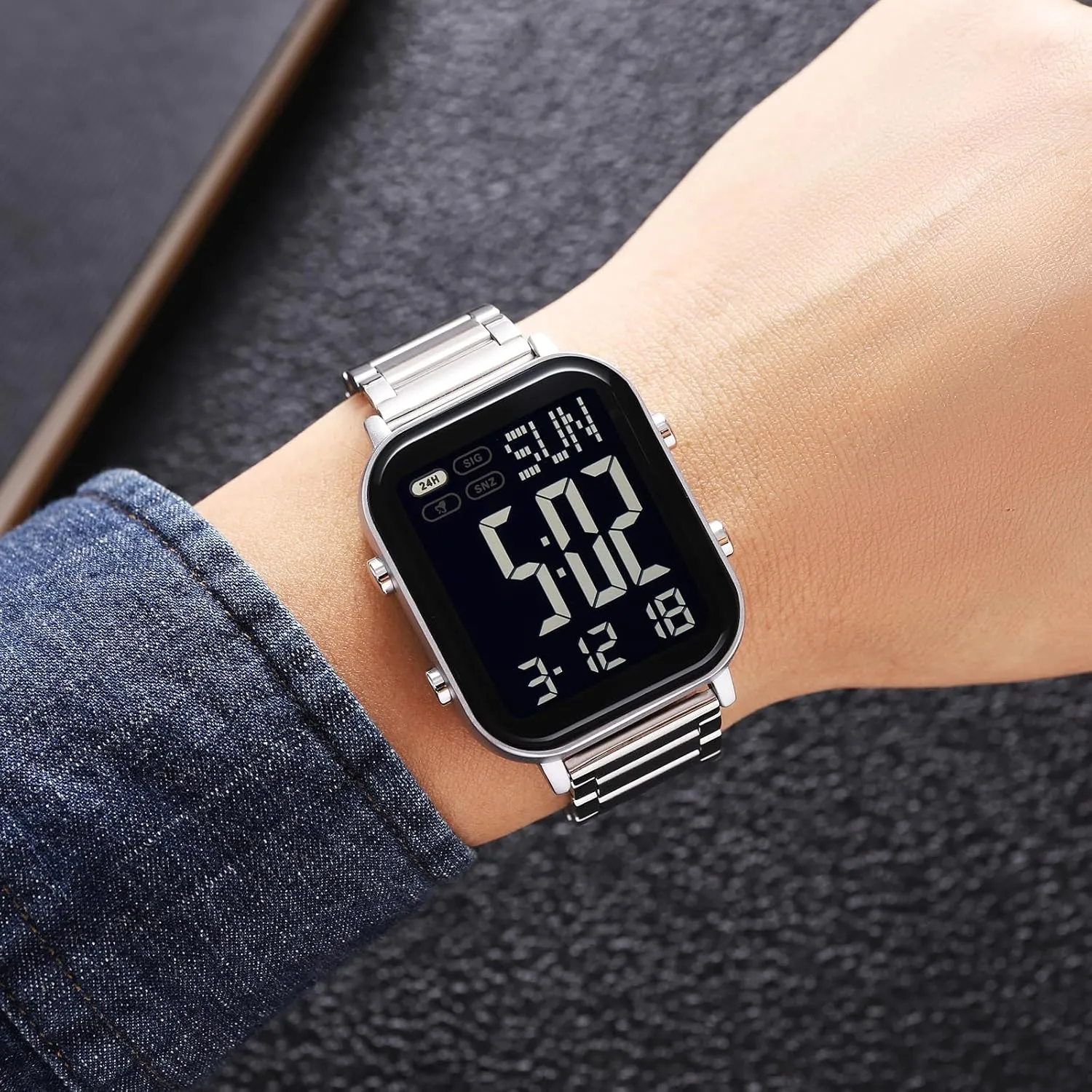 FANMIS Classic Unisex Digital Sports Watch Women's Men's Multifunctional Watch Stainless Steel Band Square Big Numbers Dial Waterproof Electronic Led Watch