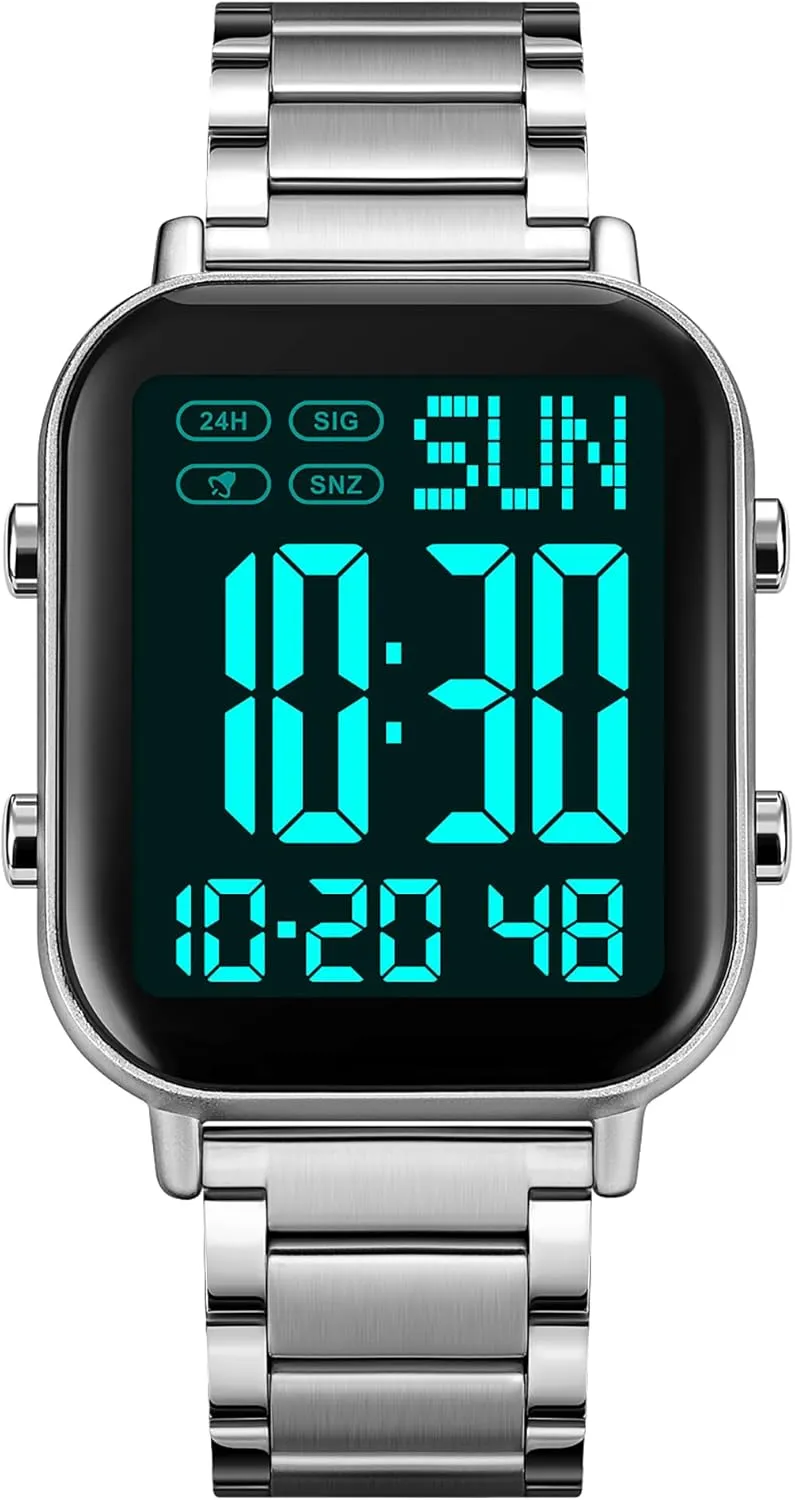FANMIS Classic Unisex Digital Sports Watch Women's Men's Multifunctional Watch Stainless Steel Band Square Big Numbers Dial Waterproof Electronic Led Watch