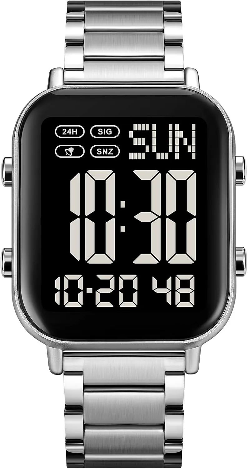 FANMIS Classic Unisex Digital Sports Watch Women's Men's Multifunctional Watch Stainless Steel Band Square Big Numbers Dial Waterproof Electronic Led Watch