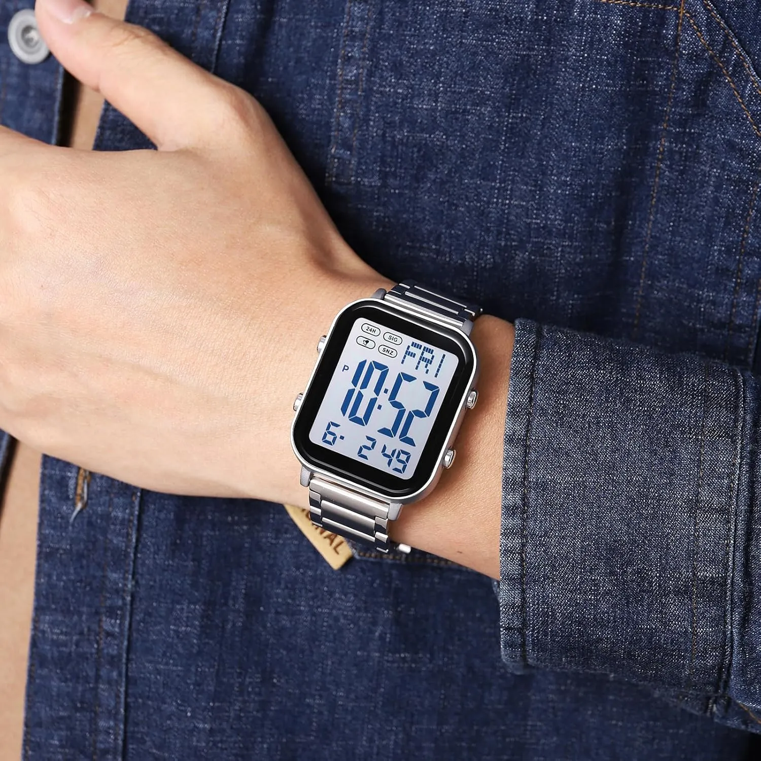 FANMIS Classic Unisex Digital Sports Watch Women's Men's Multifunctional Watch Stainless Steel Band Square Big Numbers Dial Waterproof Electronic Led Watch