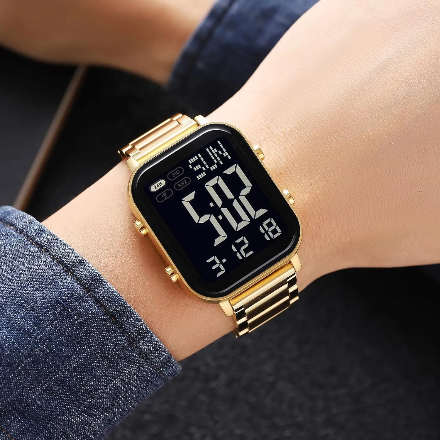 FANMIS Classic Unisex Digital Sports Watch Women's Men's Multifunctional Watch Stainless Steel Band Square Big Numbers Dial Waterproof Electronic Led Watch