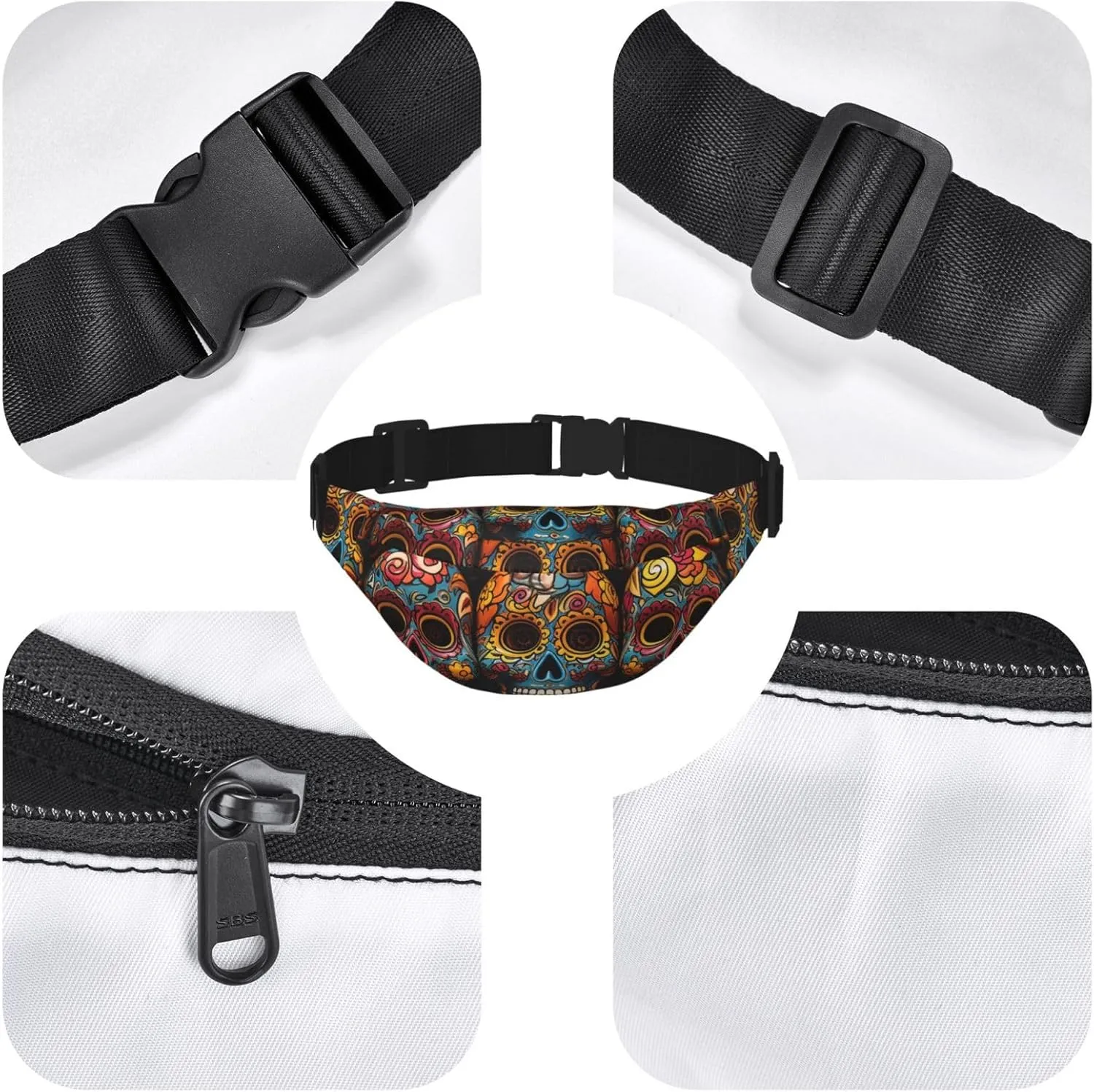 Fanny Pack Belt Bag for Women Men Waterproof Waist Pack Cool Steampunk Gears Waist Bag with Adjustable Strap, Colorful Sugar Skulls, One Size