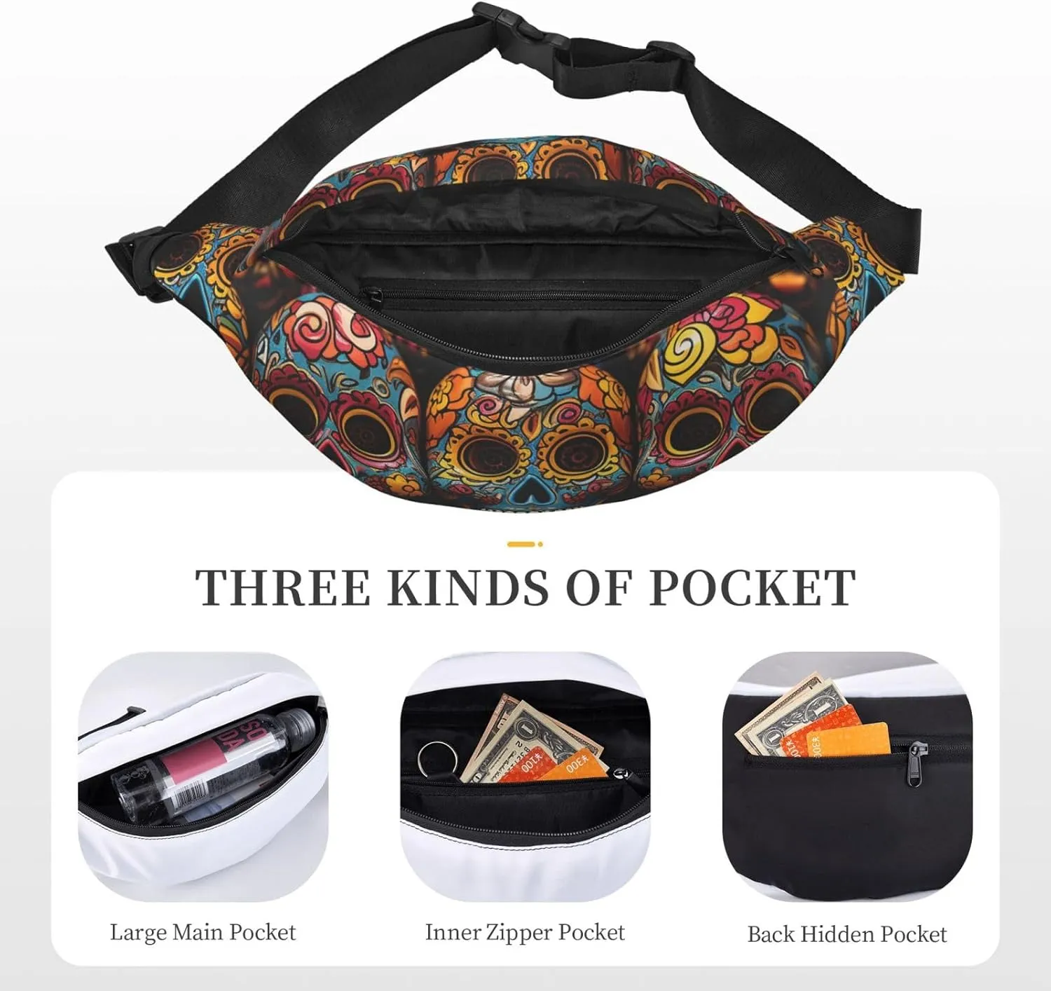Fanny Pack Belt Bag for Women Men Waterproof Waist Pack Cool Steampunk Gears Waist Bag with Adjustable Strap, Colorful Sugar Skulls, One Size