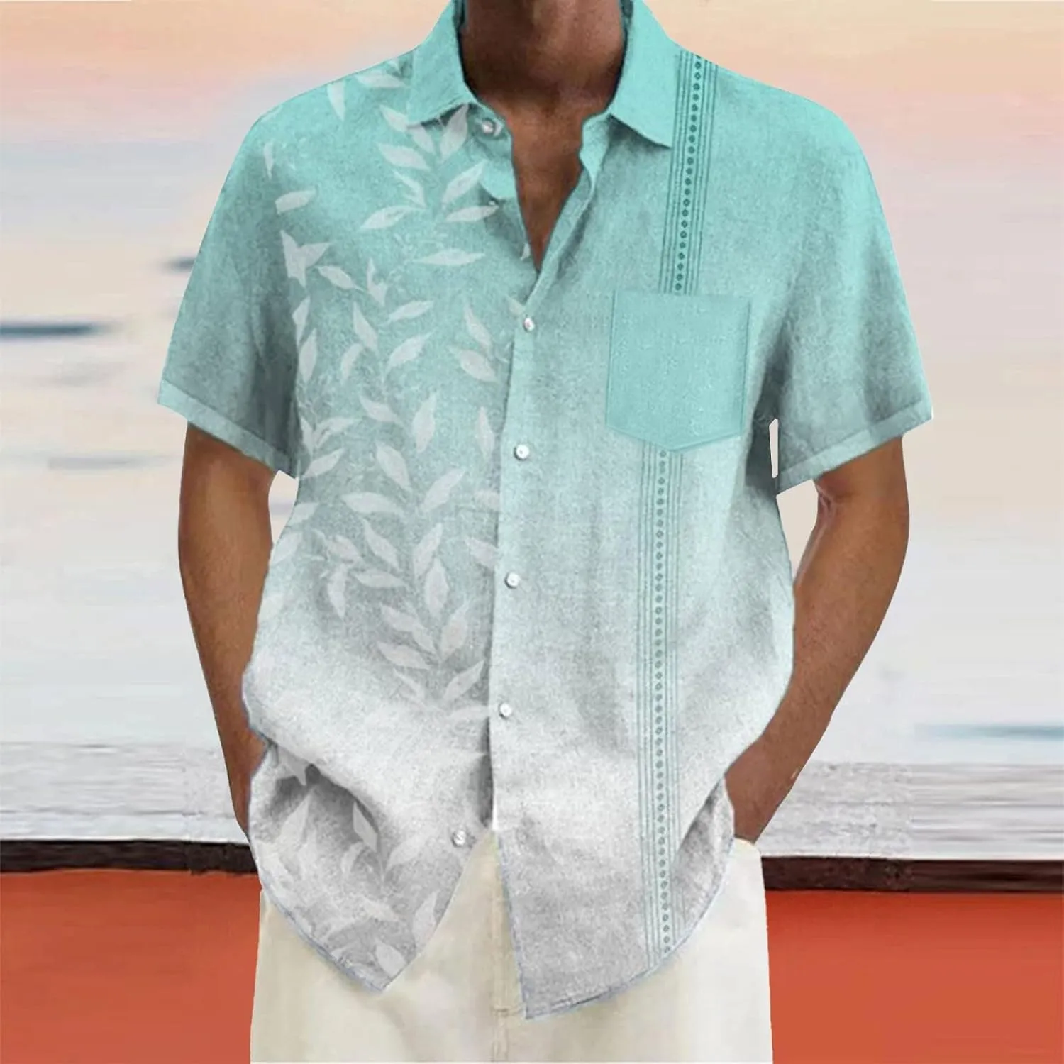 Fashion Hawaiian Short Sleeve Shirts Mens Button Down Beach Plain Floral T-Shirt Spread Collared Textured Travel Tops