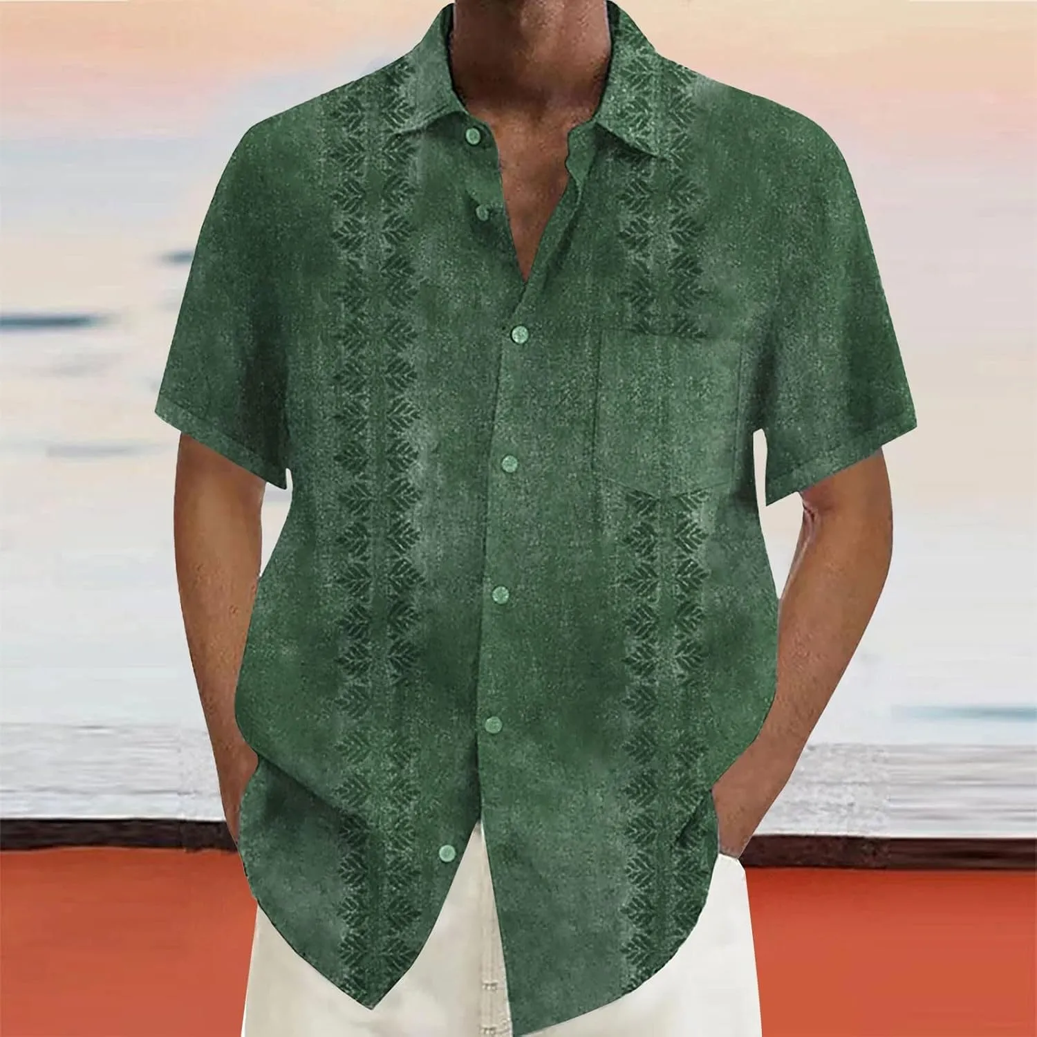 Fashion Hawaiian Short Sleeve Shirts Mens Button Down Beach Plain Floral T-Shirt Spread Collared Textured Travel Tops