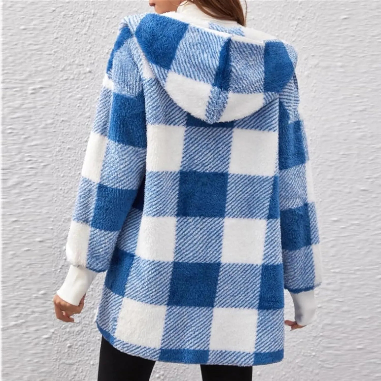 Flannel Jacket Women Sherpa Lined Open Front Hooded Cardigan Sweaters Plus Size Plaid Shacket Fall Winter Teddy Coat