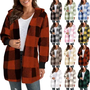 Flannel Jacket Women Sherpa Lined Open Front Hooded Cardigan Sweaters Plus Size Plaid Shacket Fall Winter Teddy Coat