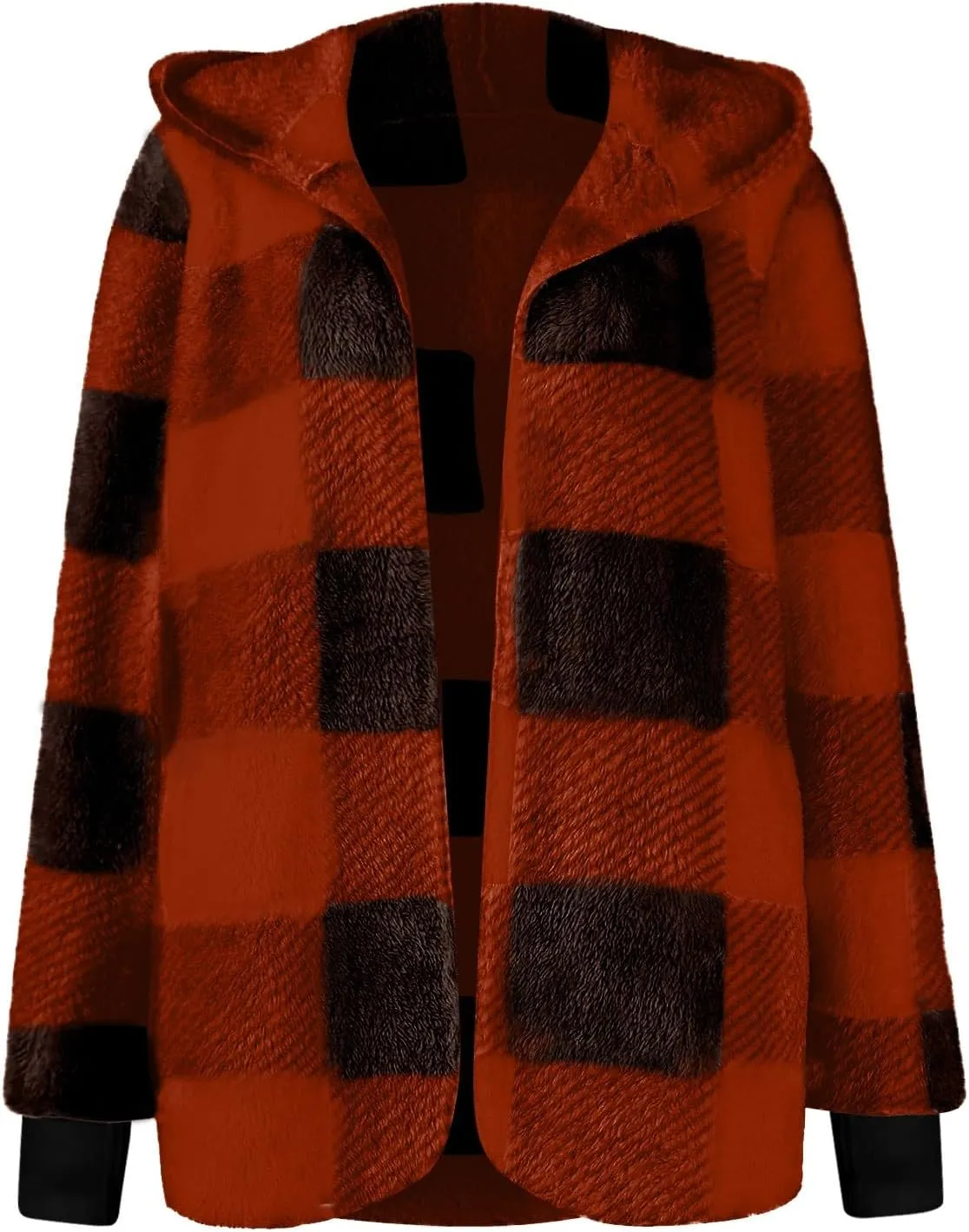 Flannel Jacket Women Sherpa Lined Open Front Hooded Cardigan Sweaters Plus Size Plaid Shacket Fall Winter Teddy Coat