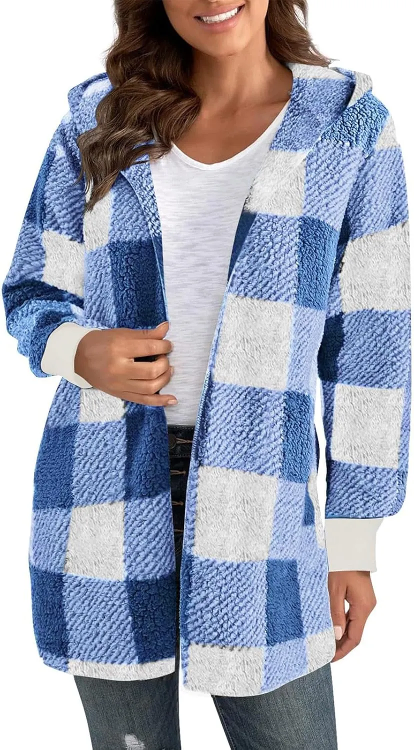 Flannel Jacket Women Sherpa Lined Open Front Hooded Cardigan Sweaters Plus Size Plaid Shacket Fall Winter Teddy Coat