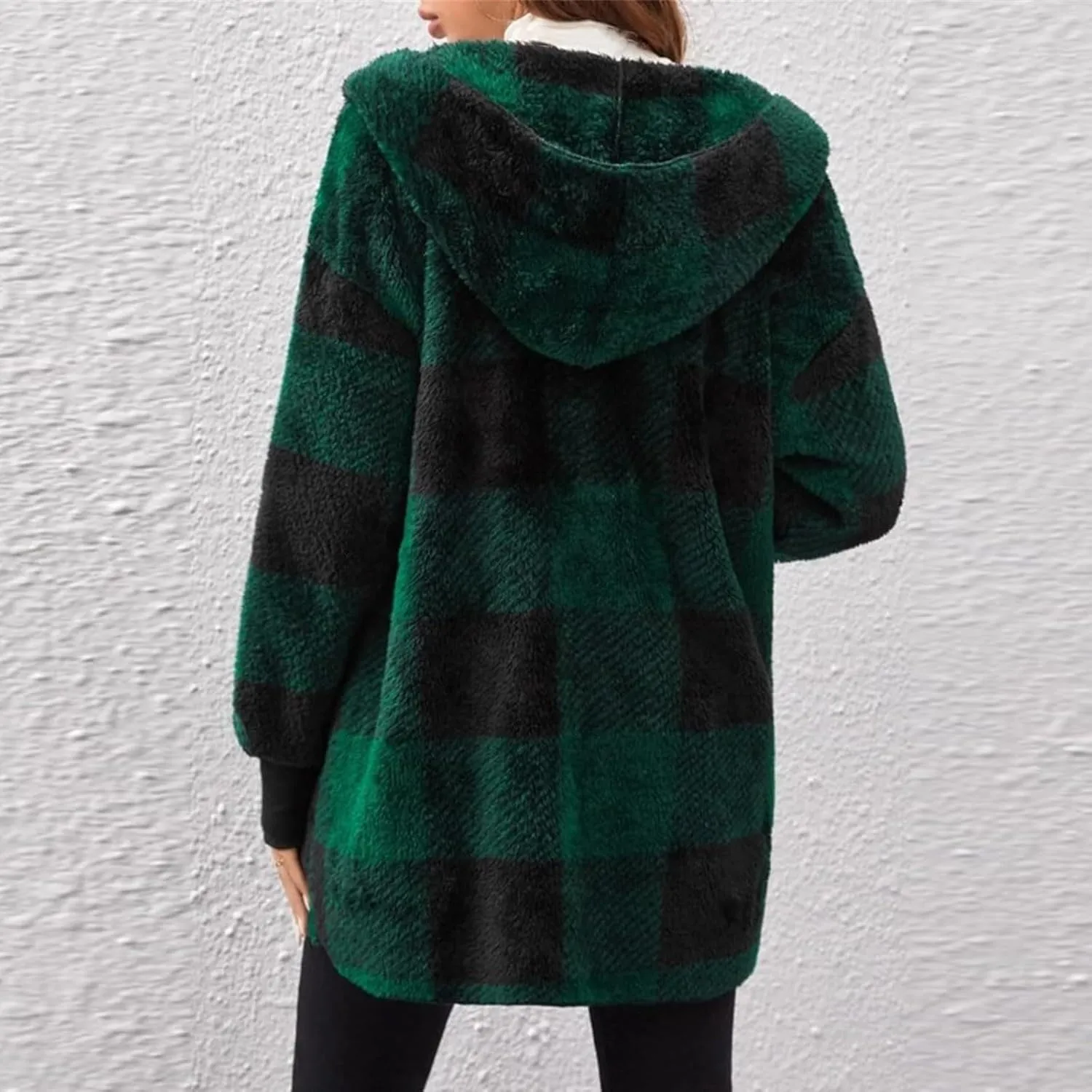 Flannel Jacket Women Sherpa Lined Open Front Hooded Cardigan Sweaters Plus Size Plaid Shacket Fall Winter Teddy Coat