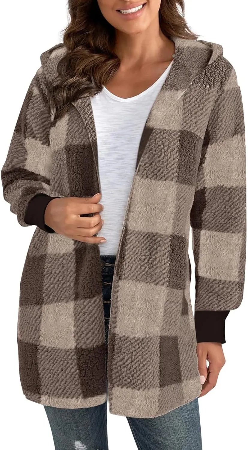 Flannel Jacket Women Sherpa Lined Open Front Hooded Cardigan Sweaters Plus Size Plaid Shacket Fall Winter Teddy Coat