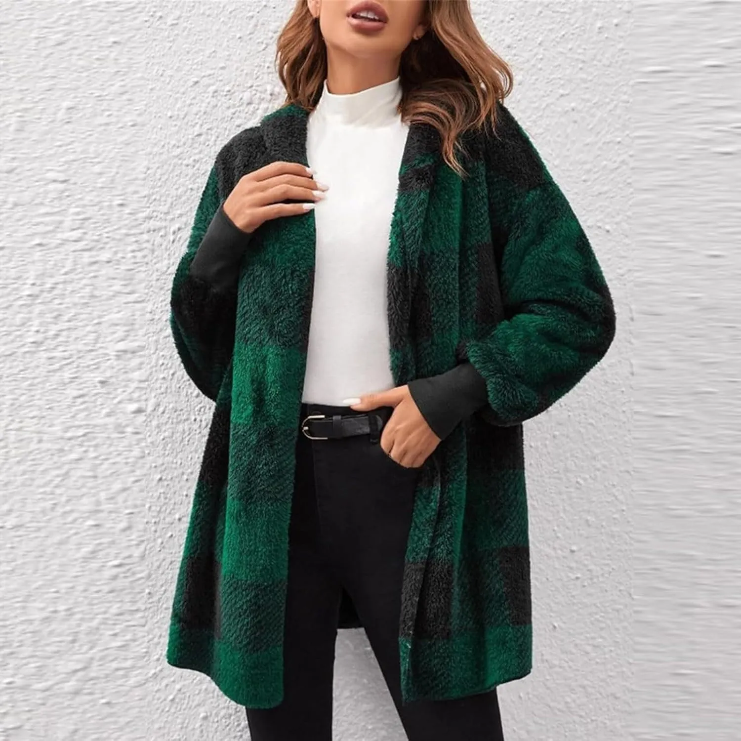 Flannel Jacket Women Sherpa Lined Open Front Hooded Cardigan Sweaters Plus Size Plaid Shacket Fall Winter Teddy Coat