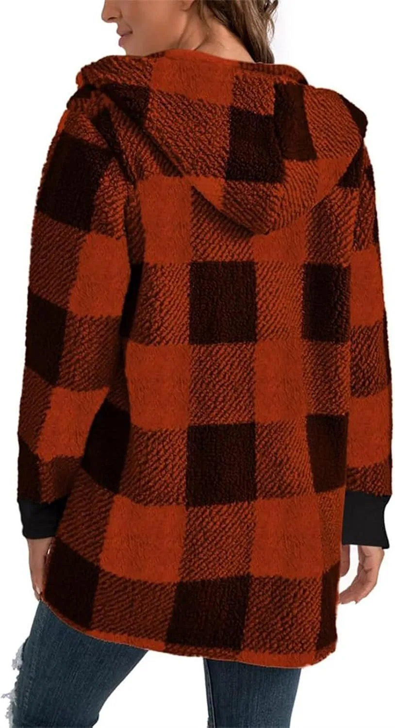 Flannel Jacket Women Sherpa Lined Open Front Hooded Cardigan Sweaters Plus Size Plaid Shacket Fall Winter Teddy Coat