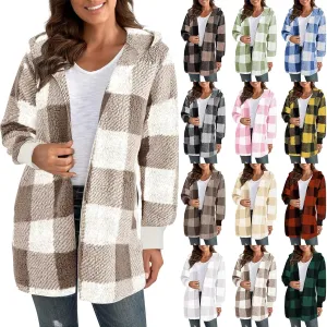 Flannel Jacket Women Sherpa Lined Open Front Hooded Cardigan Sweaters Plus Size Plaid Shacket Fall Winter Teddy Coat