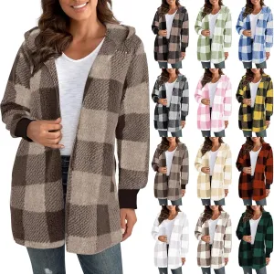Flannel Jacket Women Sherpa Lined Open Front Hooded Cardigan Sweaters Plus Size Plaid Shacket Fall Winter Teddy Coat