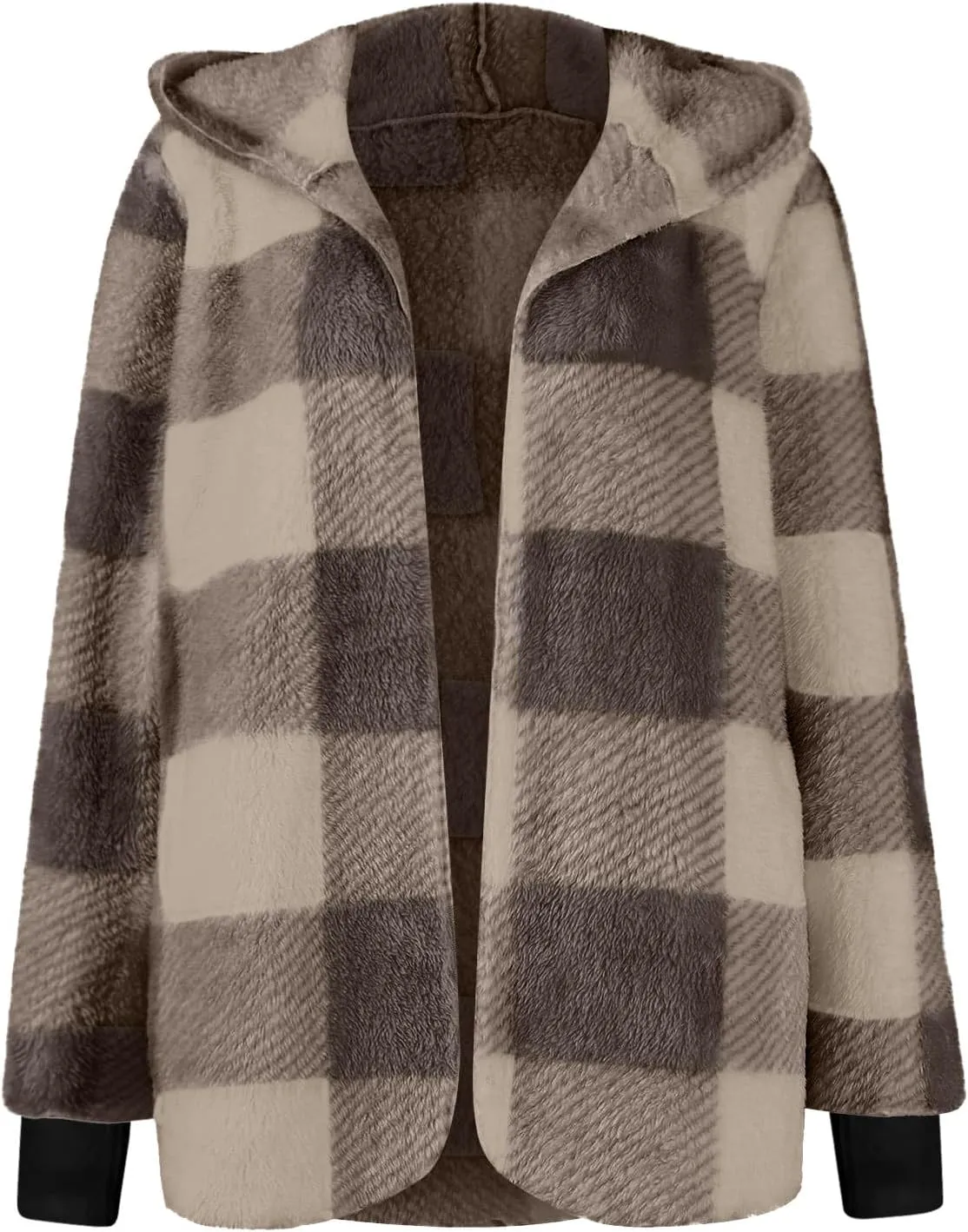 Flannel Jacket Women Sherpa Lined Open Front Hooded Cardigan Sweaters Plus Size Plaid Shacket Fall Winter Teddy Coat