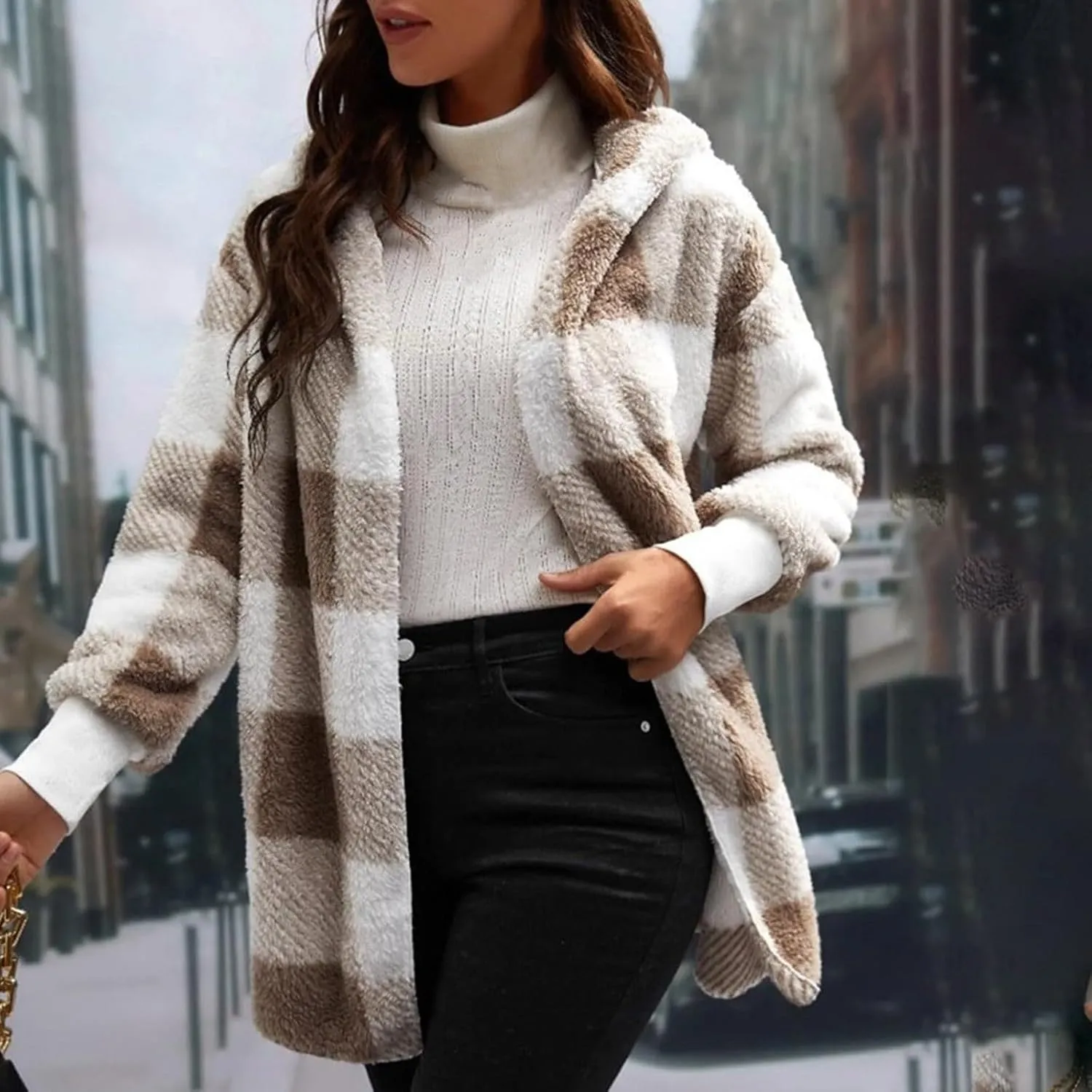 Flannel Jacket Women Sherpa Lined Open Front Hooded Cardigan Sweaters Plus Size Plaid Shacket Fall Winter Teddy Coat