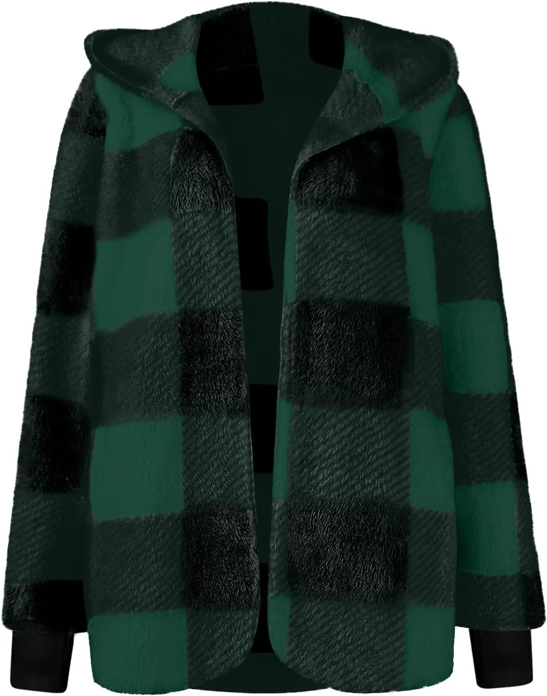 Flannel Jacket Women Sherpa Lined Open Front Hooded Cardigan Sweaters Plus Size Plaid Shacket Fall Winter Teddy Coat