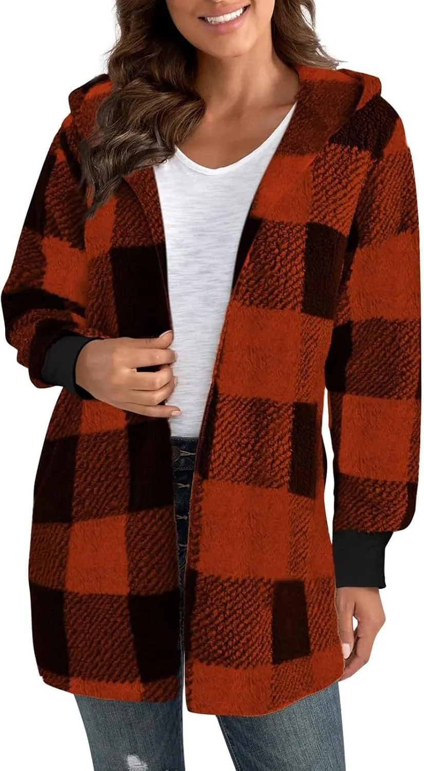 Flannel Jacket Women Sherpa Lined Open Front Hooded Cardigan Sweaters Plus Size Plaid Shacket Fall Winter Teddy Coat