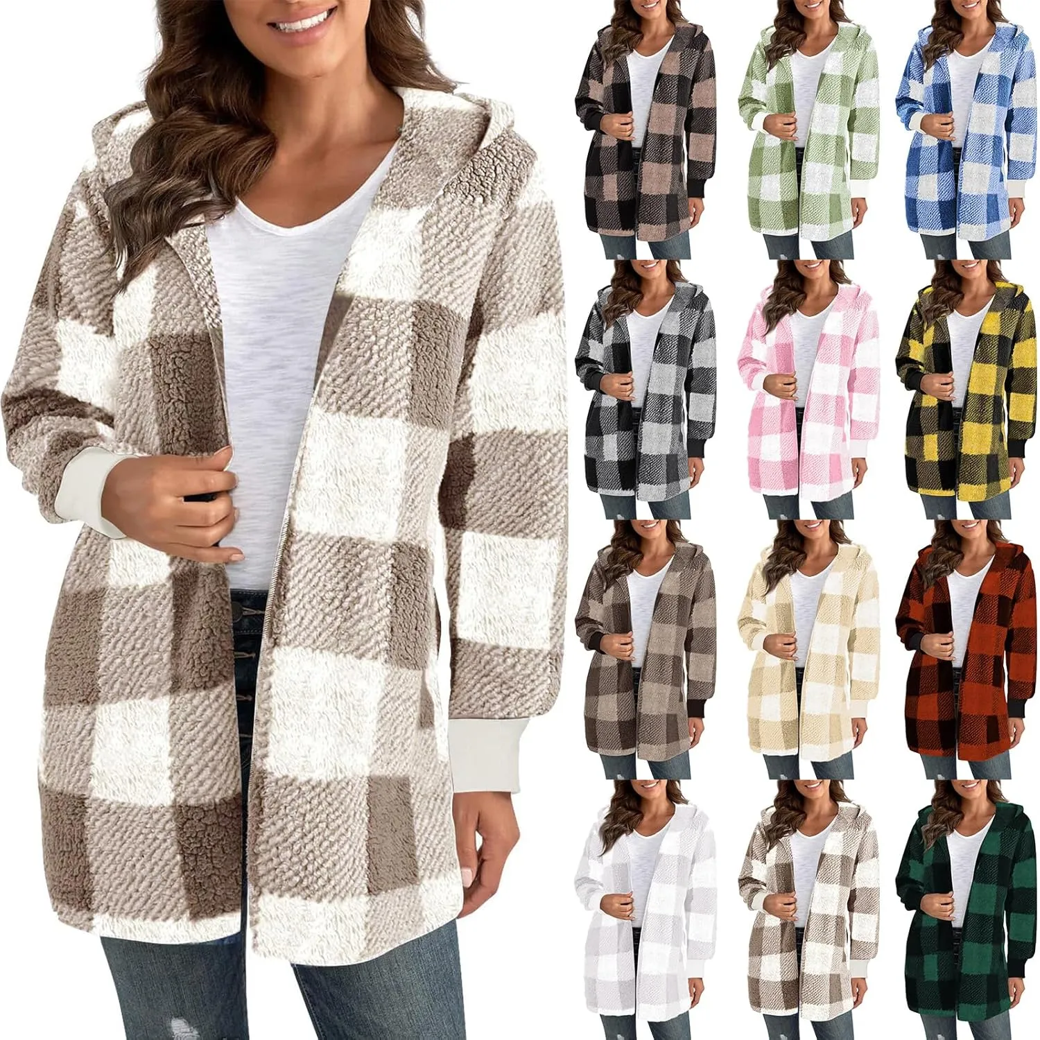 Flannel Jacket Women Sherpa Lined Open Front Hooded Cardigan Sweaters Plus Size Plaid Shacket Fall Winter Teddy Coat