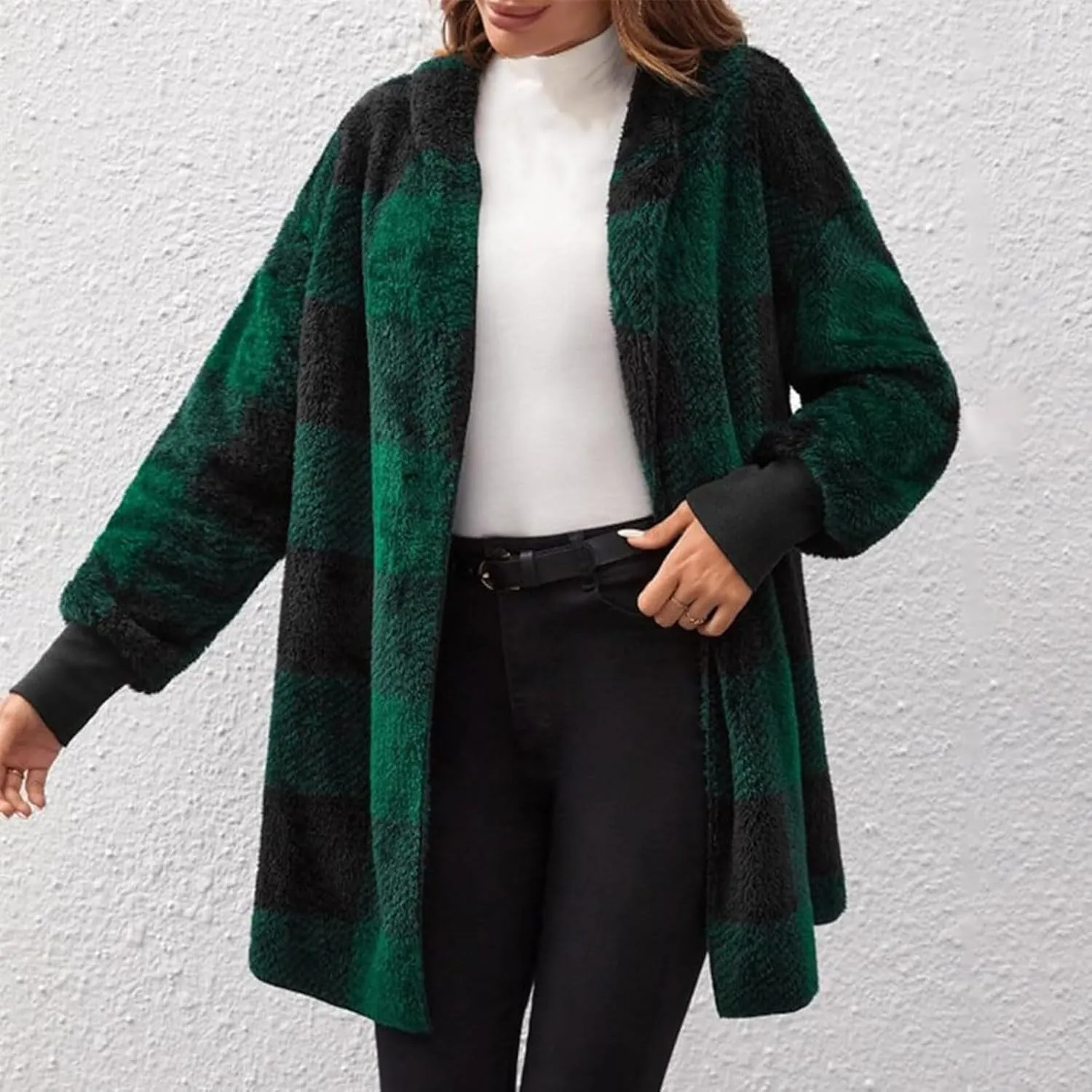 Flannel Jacket Women Sherpa Lined Open Front Hooded Cardigan Sweaters Plus Size Plaid Shacket Fall Winter Teddy Coat