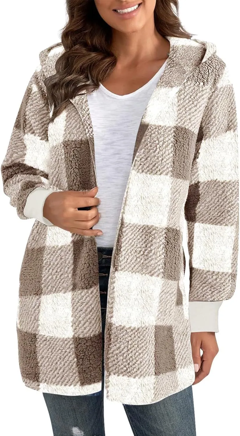 Flannel Jacket Women Sherpa Lined Open Front Hooded Cardigan Sweaters Plus Size Plaid Shacket Fall Winter Teddy Coat