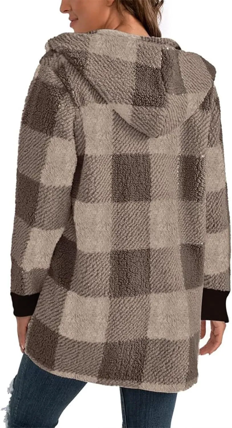 Flannel Jacket Women Sherpa Lined Open Front Hooded Cardigan Sweaters Plus Size Plaid Shacket Fall Winter Teddy Coat