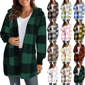 Flannel Jacket Women Sherpa Lined Open Front Hooded Cardigan Sweaters Plus Size Plaid Shacket Fall Winter Teddy Coat