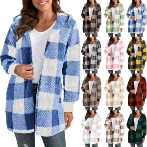 Flannel Jacket Women Sherpa Lined Open Front Hooded Cardigan Sweaters Plus Size Plaid Shacket Fall Winter Teddy Coat