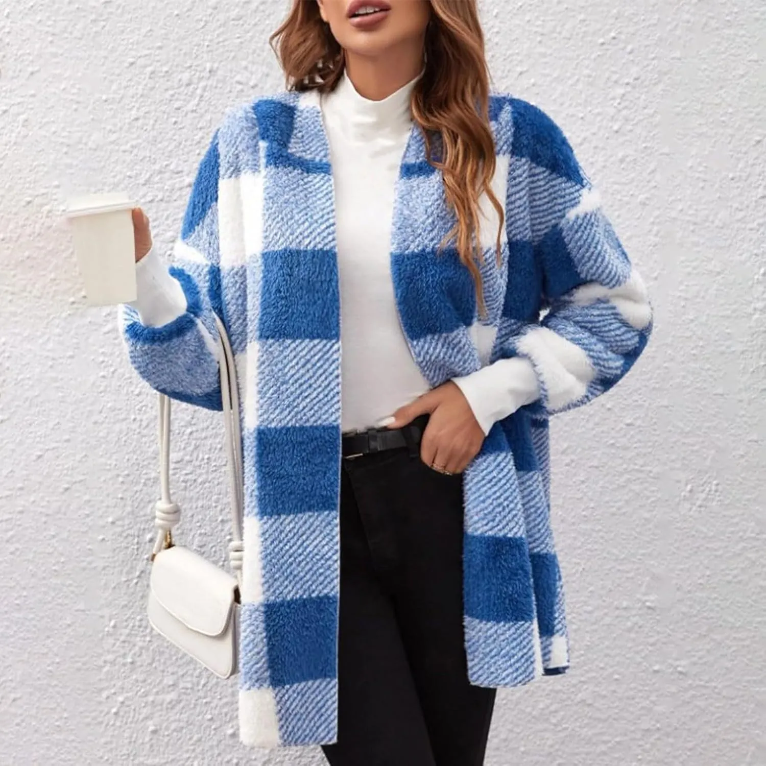 Flannel Jacket Women Sherpa Lined Open Front Hooded Cardigan Sweaters Plus Size Plaid Shacket Fall Winter Teddy Coat