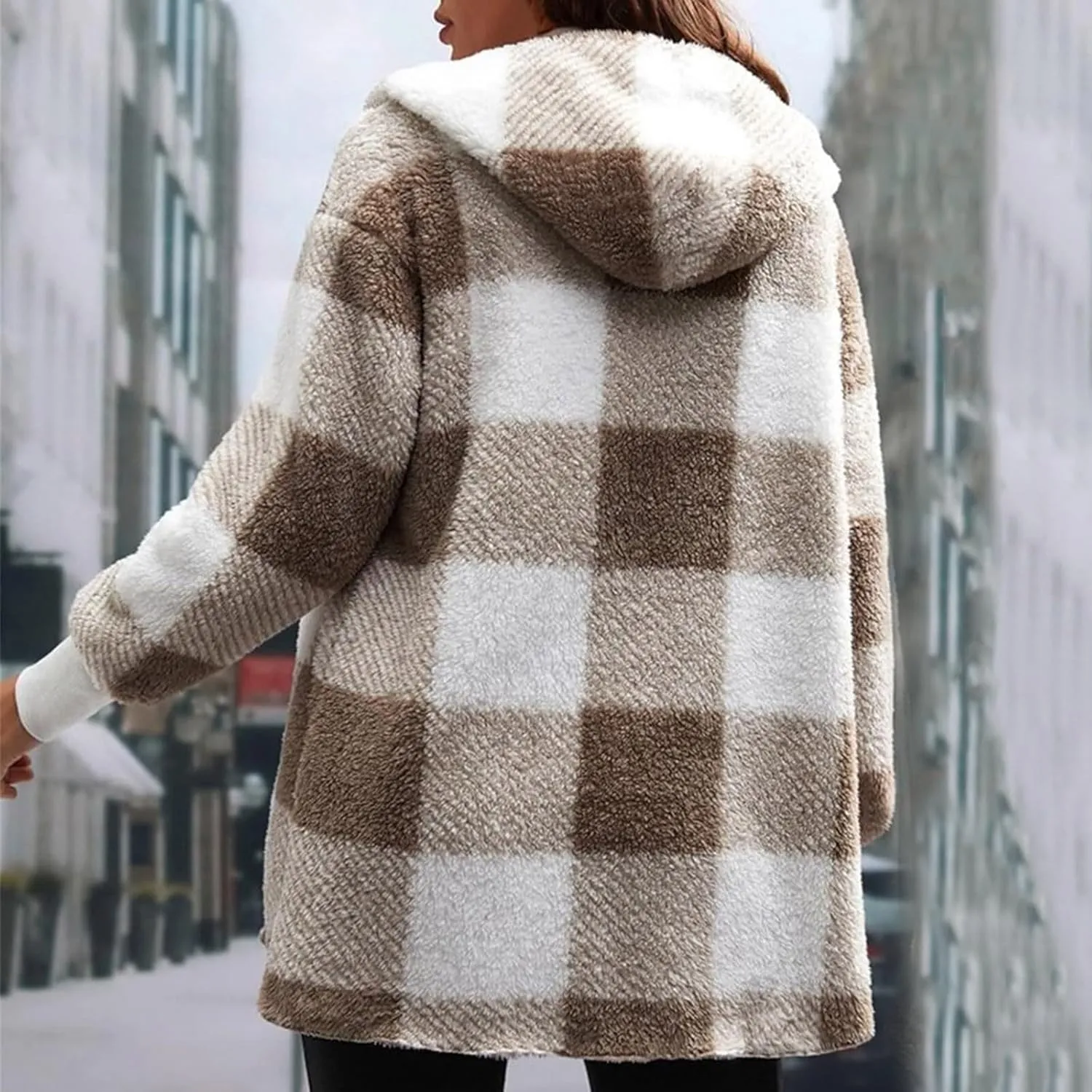 Flannel Jacket Women Sherpa Lined Open Front Hooded Cardigan Sweaters Plus Size Plaid Shacket Fall Winter Teddy Coat