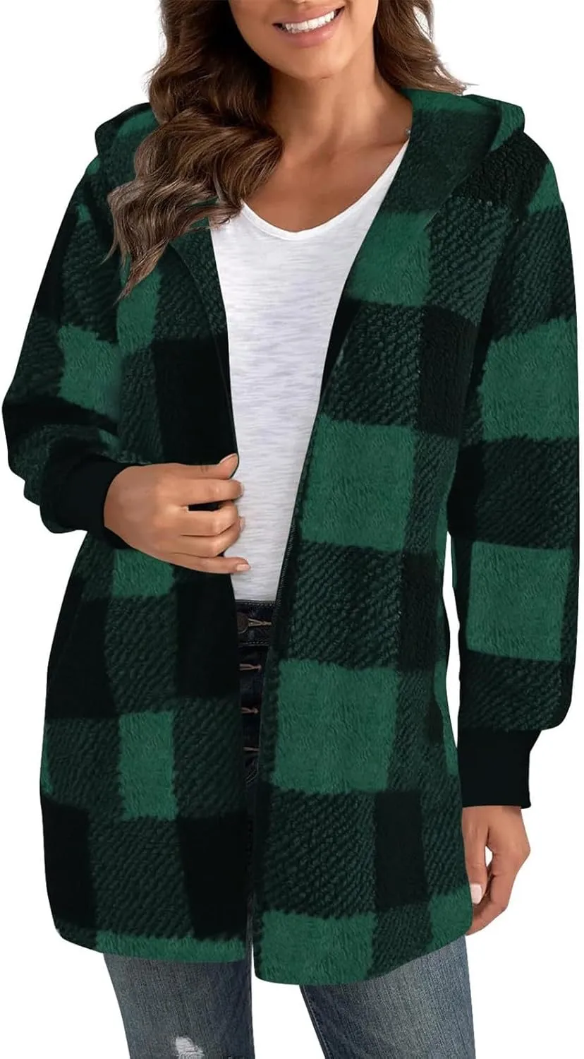Flannel Jacket Women Sherpa Lined Open Front Hooded Cardigan Sweaters Plus Size Plaid Shacket Fall Winter Teddy Coat