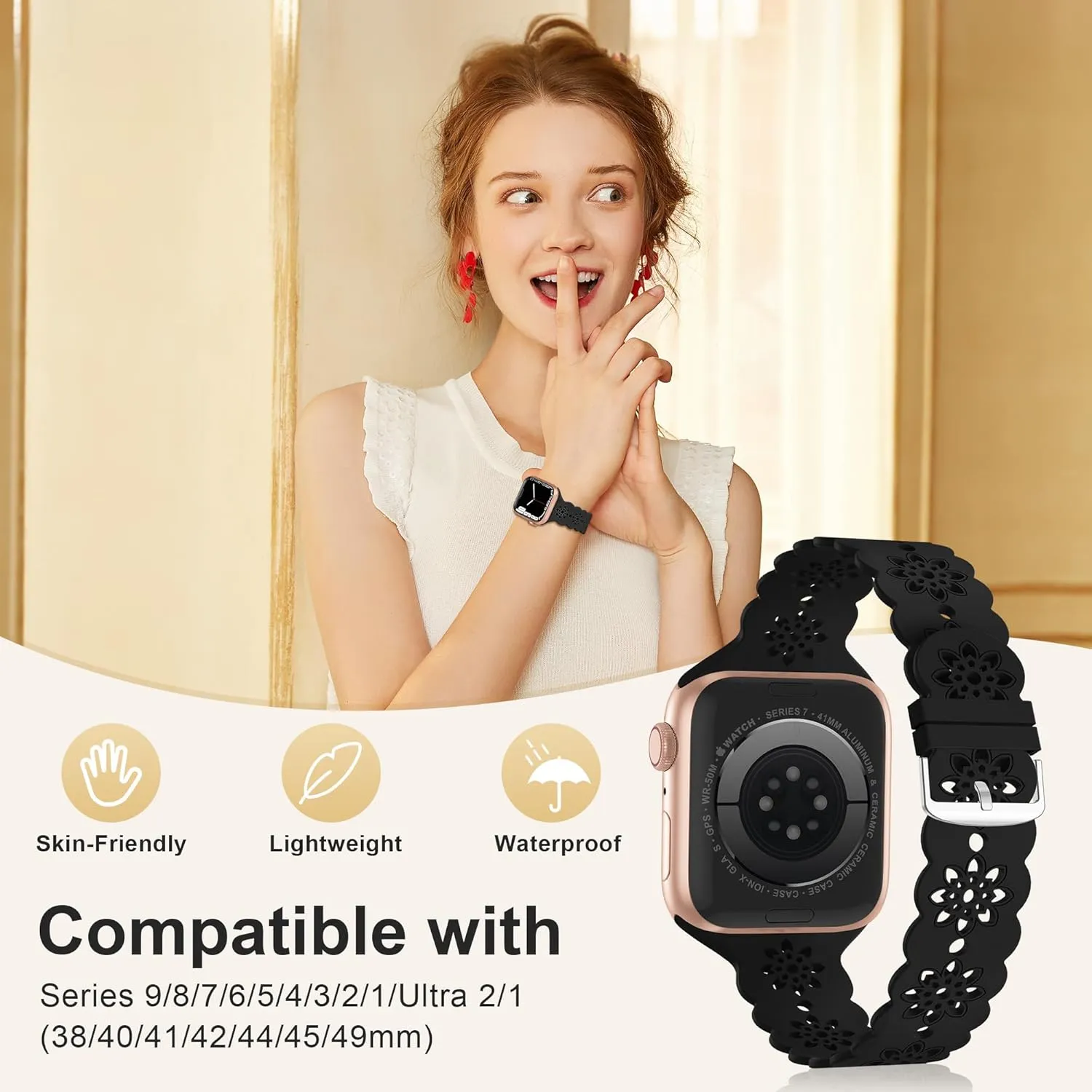 Floral Silicone Band Compatible with Apple Watch Bands 38mm 40mm 42mm 44mm 41mm 45mm 49mm Women Men, Slim Hollow-Out Design Wristbands Soft Sport Breathable Watch Bands for iWatch Ultra SE Series 9/8/7/6/5/4/3/2/1