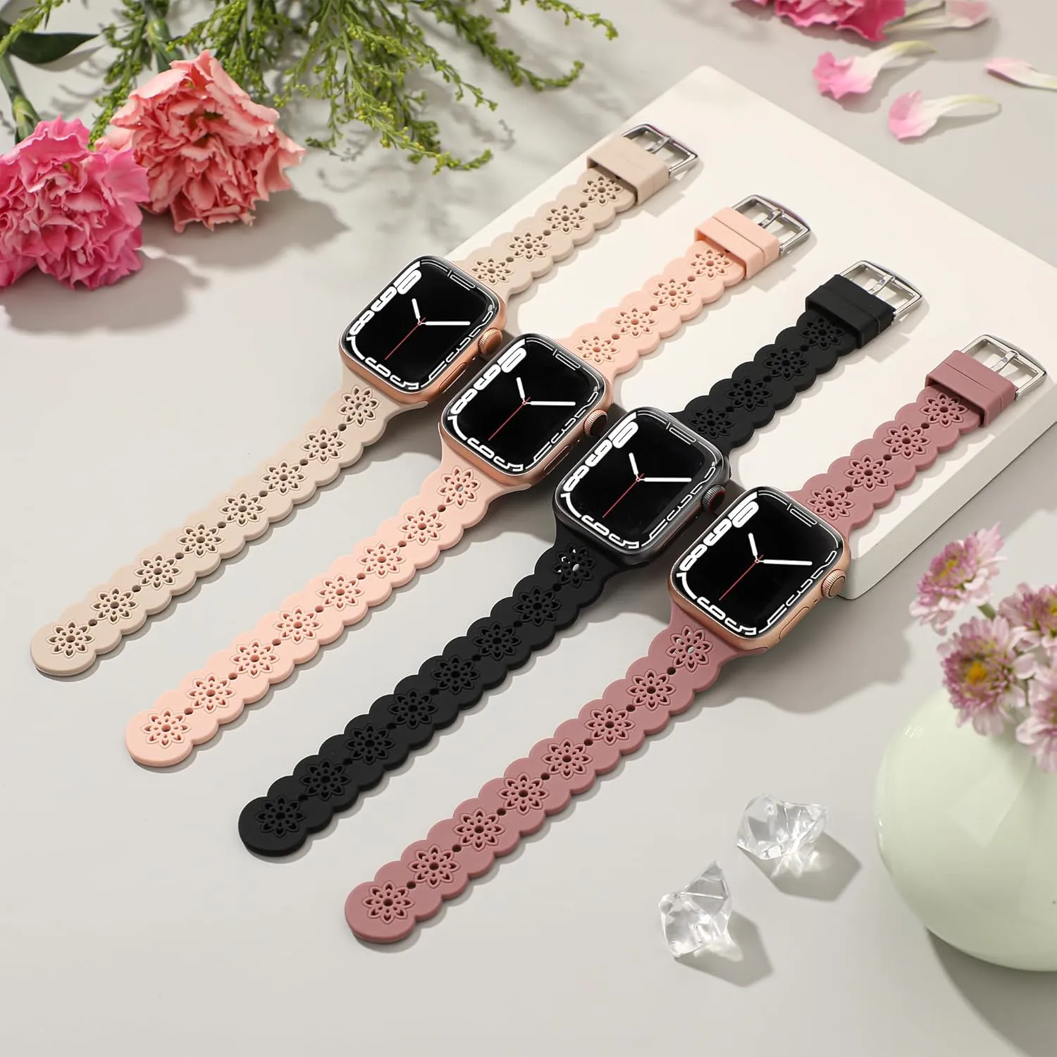 Floral Silicone Band Compatible with Apple Watch Bands 38mm 40mm 42mm 44mm 41mm 45mm 49mm Women Men, Slim Hollow-Out Design Wristbands Soft Sport Breathable Watch Bands for iWatch Ultra SE Series 9/8/7/6/5/4/3/2/1