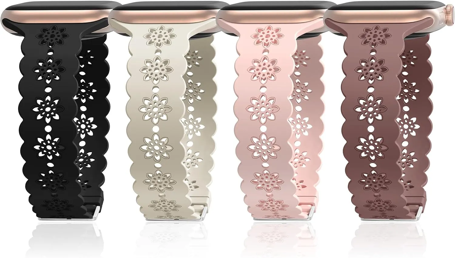Floral Silicone Band Compatible with Apple Watch Bands 38mm 40mm 42mm 44mm 41mm 45mm 49mm Women Men, Slim Hollow-Out Design Wristbands Soft Sport Breathable Watch Bands for iWatch Ultra SE Series 9/8/7/6/5/4/3/2/1