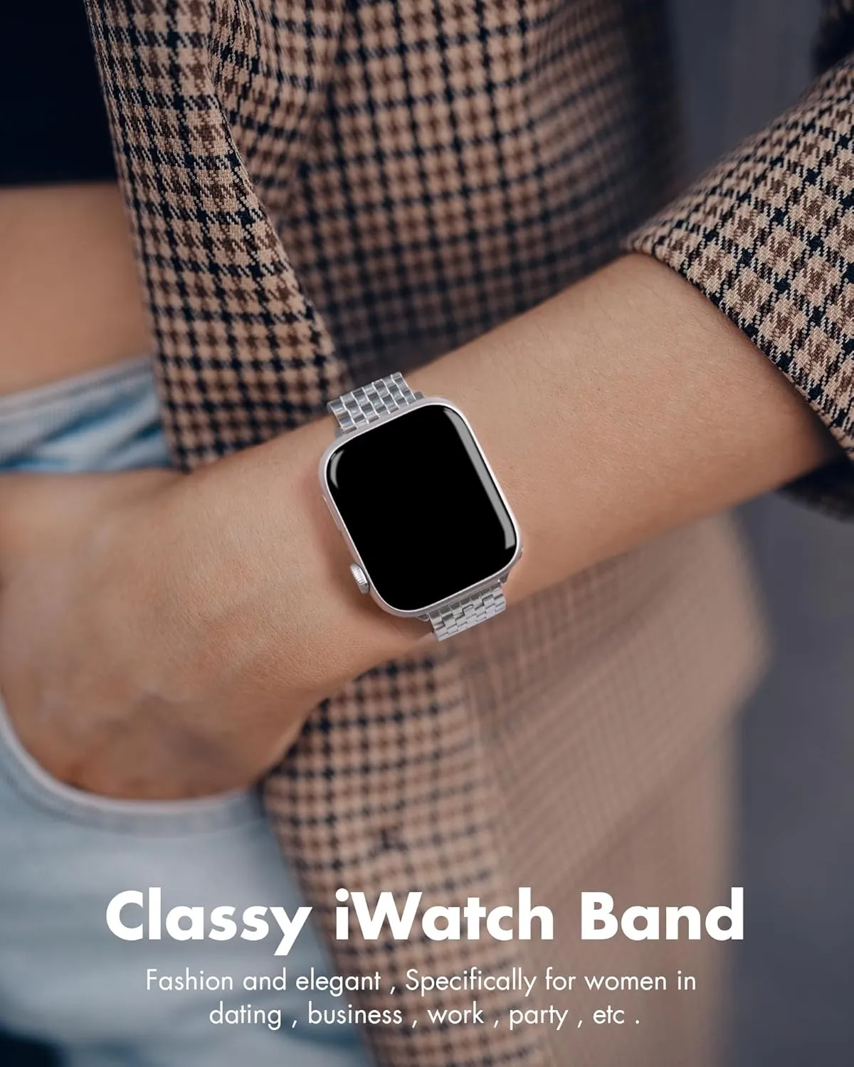 for Apple Watch Band 38mm 40mm 41mm 42mm 44mm 45mm Series 9 8 7 6 5 4 3 2 1 SE SE2 Women and Men,Classic Stainless Steel Metal Watchband for iWatch Bands,Pretty Shiny Look