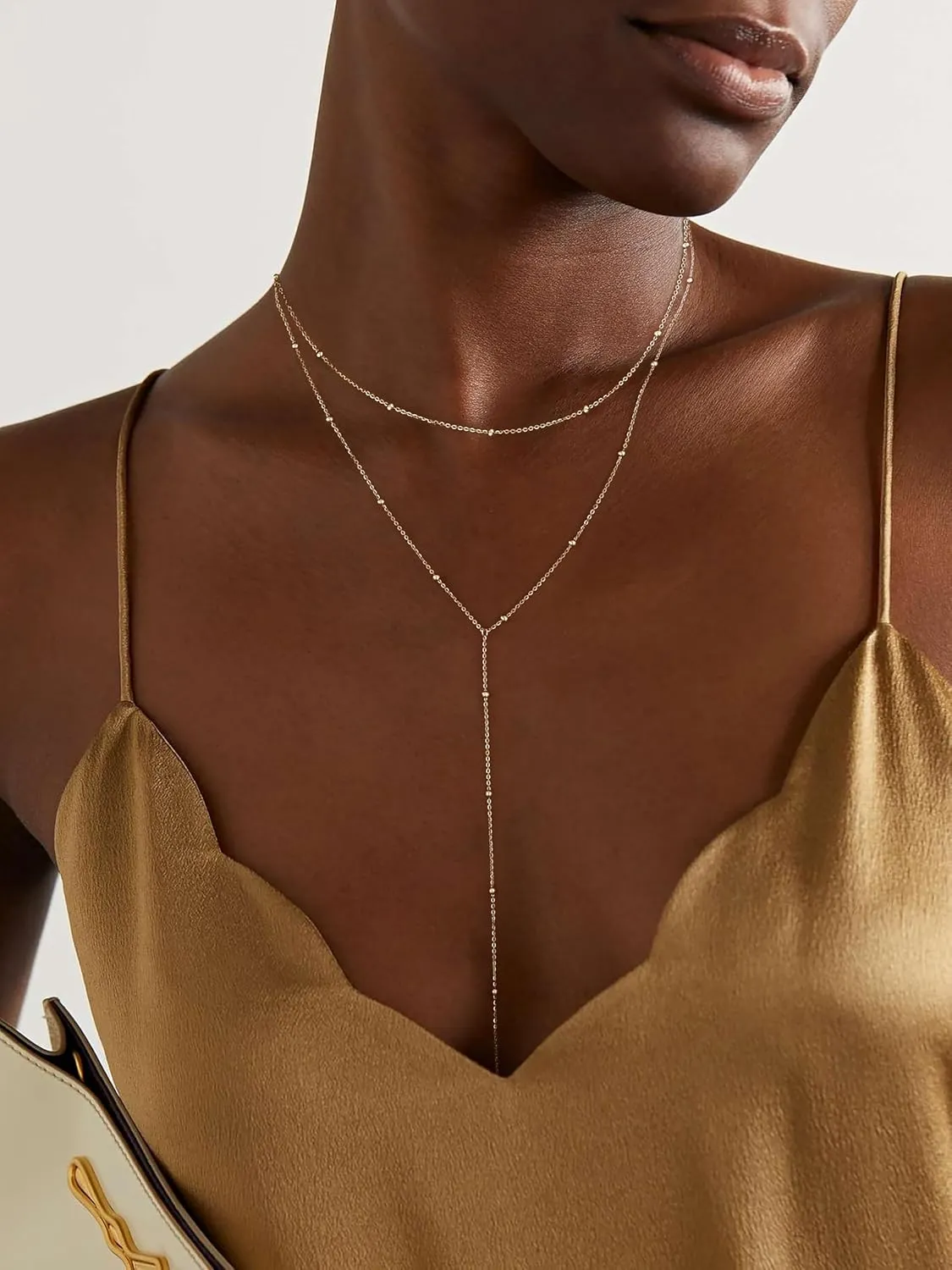 Foxgirl Lariat Gold Necklace for Women, Dainty Long Necklace 14k Gold Plated/Silver Y-Shaped Pendant Necklace Trendy Layered Cz Beaded Chain Drop Necklaces Simple Gold Jewelry For Women Gift