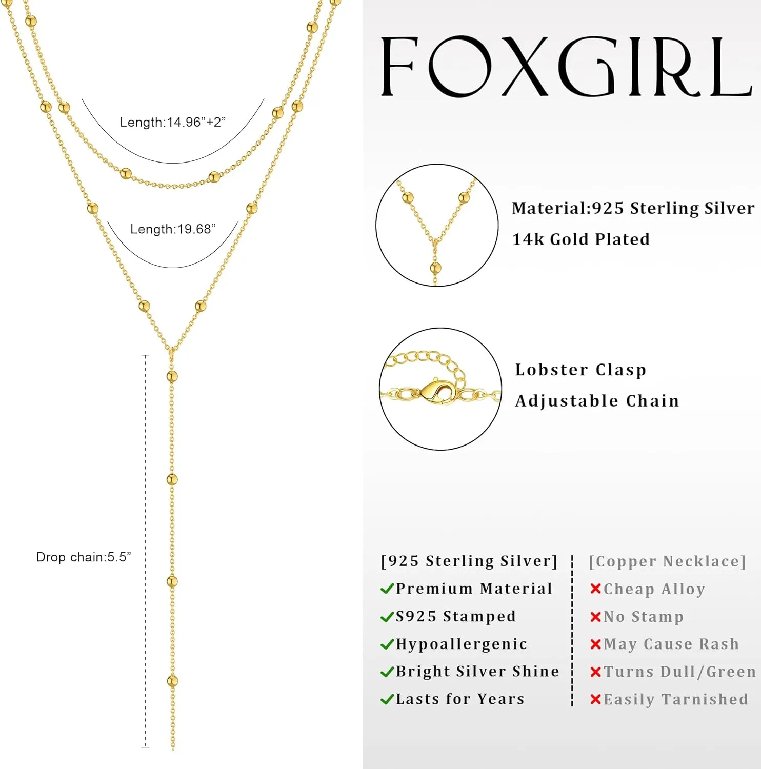 Foxgirl Lariat Gold Necklace for Women, Dainty Long Necklace 14k Gold Plated/Silver Y-Shaped Pendant Necklace Trendy Layered Cz Beaded Chain Drop Necklaces Simple Gold Jewelry For Women Gift