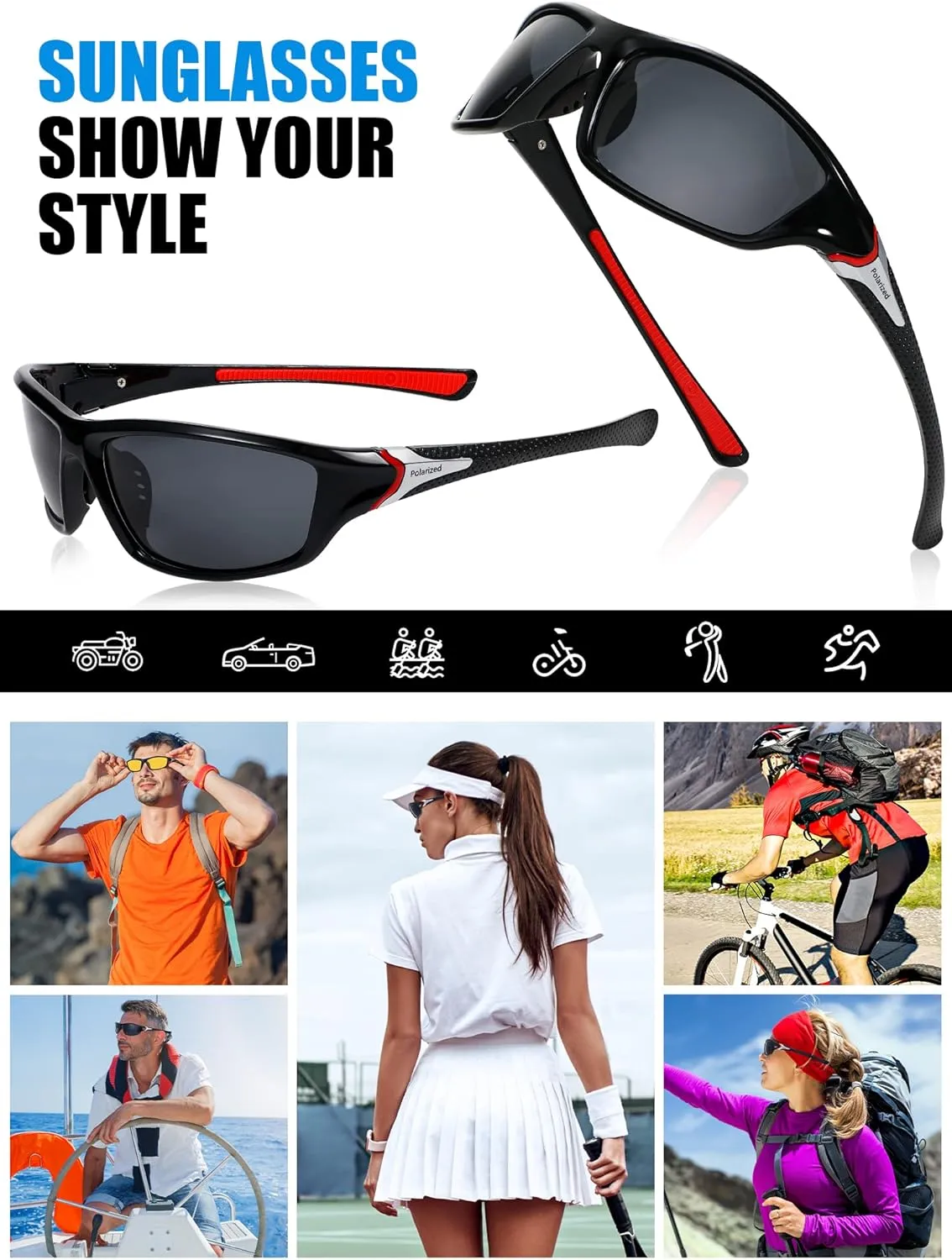 Frienda 6 Pack Polarized Sport Sunglasses for Men Multipack Fit over Glasses Pack Lot Set Men's Sport Fishing Eyeglasses