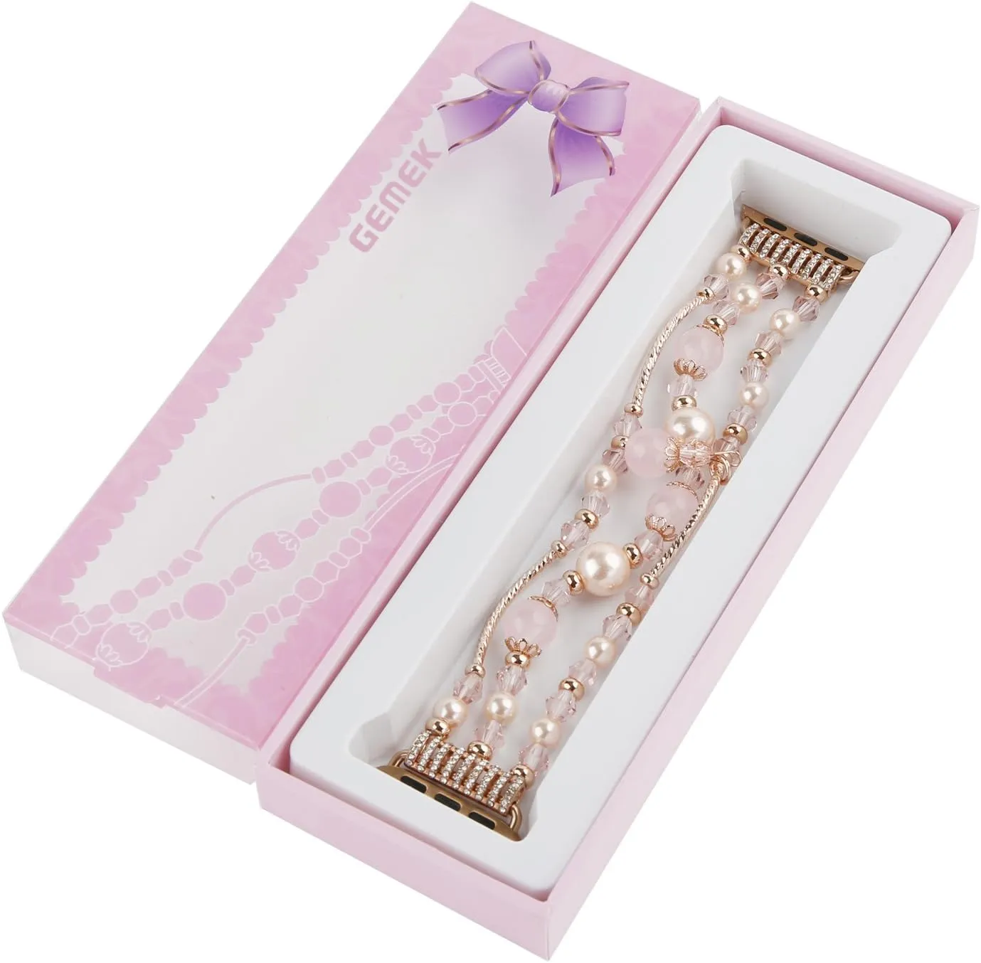 GEMEK Compatible With Apple Watch Band 38/40/41mm Rose Gold Women Pearl Bracelet Strap, Fashion Handmade Elastic Agate Replacement for iWatch Bands Series 9/8/7/6/5/4/3/2/1 Women Wristband (Pink)