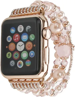 GEMEK Compatible With Apple Watch Band 38/40/41mm Rose Gold Women Pearl Bracelet Strap, Fashion Handmade Elastic Agate Replacement for iWatch Bands Series 9/8/7/6/5/4/3/2/1 Women Wristband (Pink)