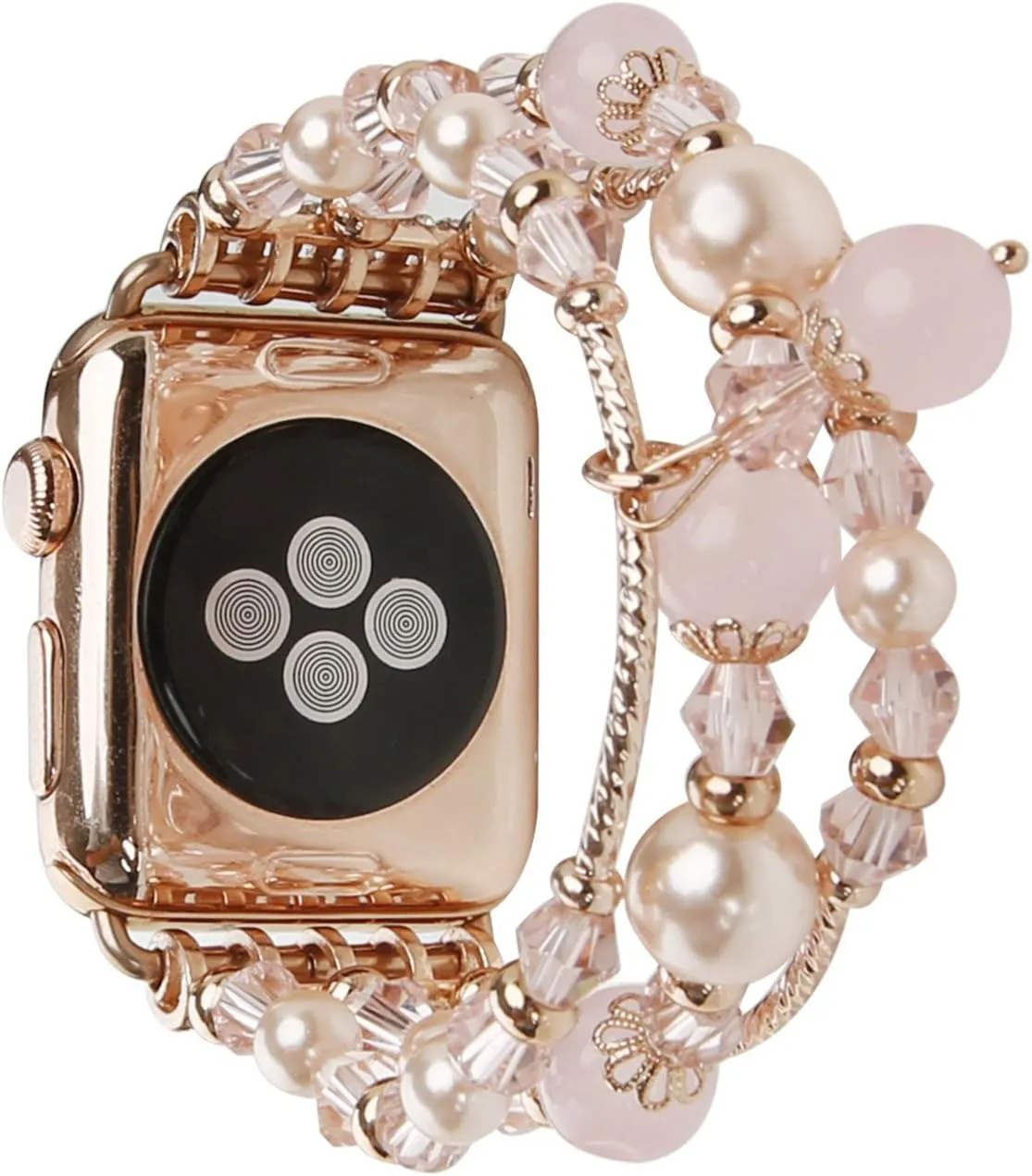 GEMEK Compatible With Apple Watch Band 38/40/41mm Rose Gold Women Pearl Bracelet Strap, Fashion Handmade Elastic Agate Replacement for iWatch Bands Series 9/8/7/6/5/4/3/2/1 Women Wristband (Pink)