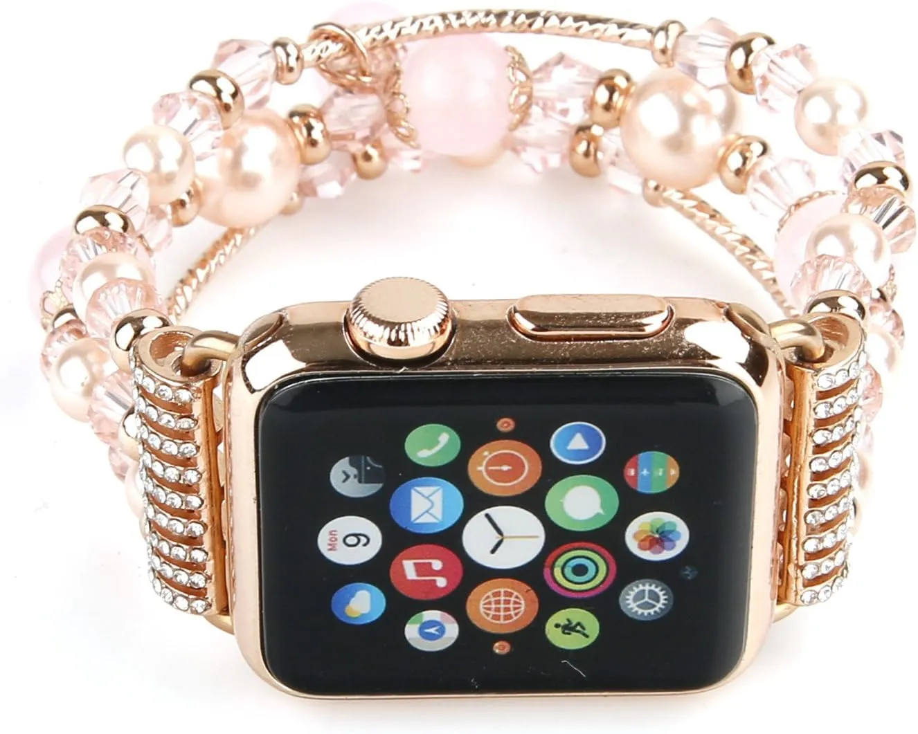 GEMEK Compatible With Apple Watch Band 38/40/41mm Rose Gold Women Pearl Bracelet Strap, Fashion Handmade Elastic Agate Replacement for iWatch Bands Series 9/8/7/6/5/4/3/2/1 Women Wristband (Pink)