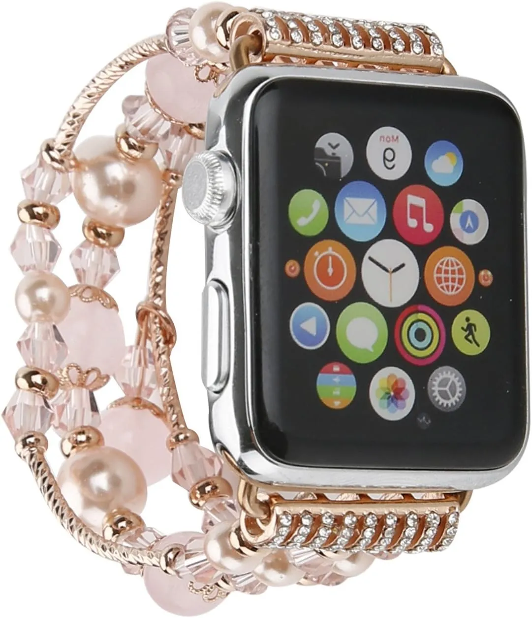 GEMEK Compatible With Apple Watch Band 38/40/41mm Rose Gold Women Pearl Bracelet Strap, Fashion Handmade Elastic Agate Replacement for iWatch Bands Series 9/8/7/6/5/4/3/2/1 Women Wristband (Pink)