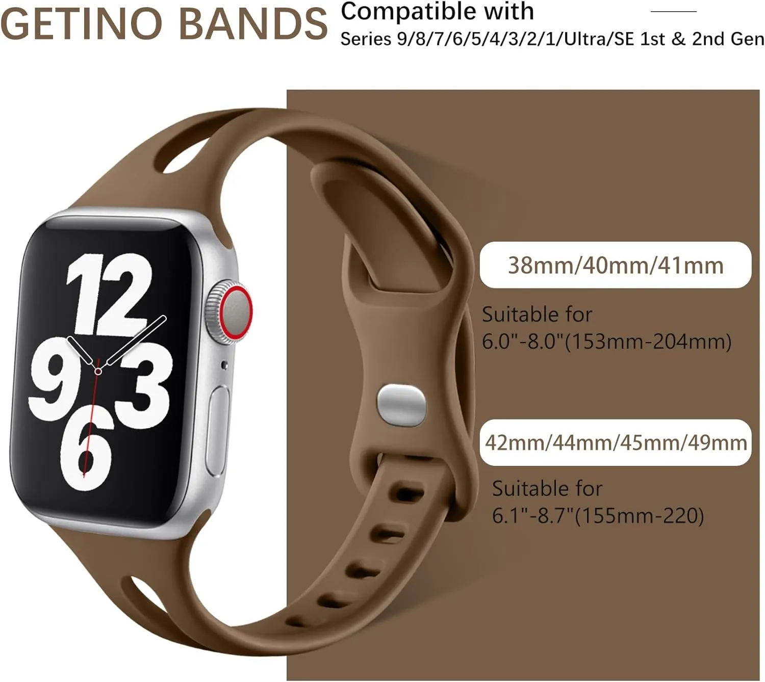Getino Compatible with Apple Watch Band 40mm 38mm 41mm 42mm iWatch Series 10 9 8 7 6 5 4 3 2 1 SE for Women Men, Durable Soft Silicone Thin Slim Sport Watch Bands, Black/Dark Brown/Starlight/Milk Tea