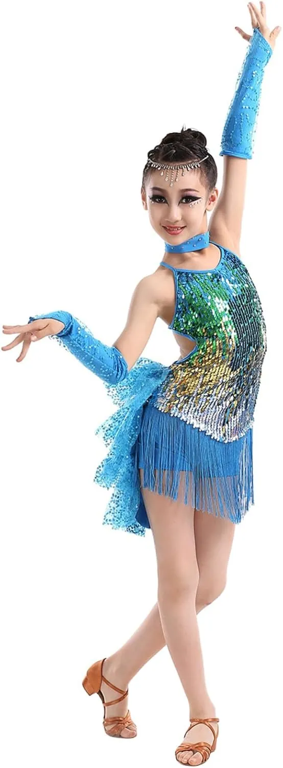 Girls Sequin Tassel Latin Dance Dress Sleeveless Fringe Flapper Dress Tutu Skirt Ballroom Rumba Performance Costume