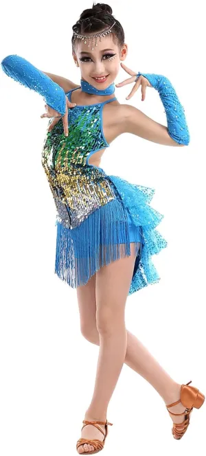 Girls Sequin Tassel Latin Dance Dress Sleeveless Fringe Flapper Dress Tutu Skirt Ballroom Rumba Performance Costume